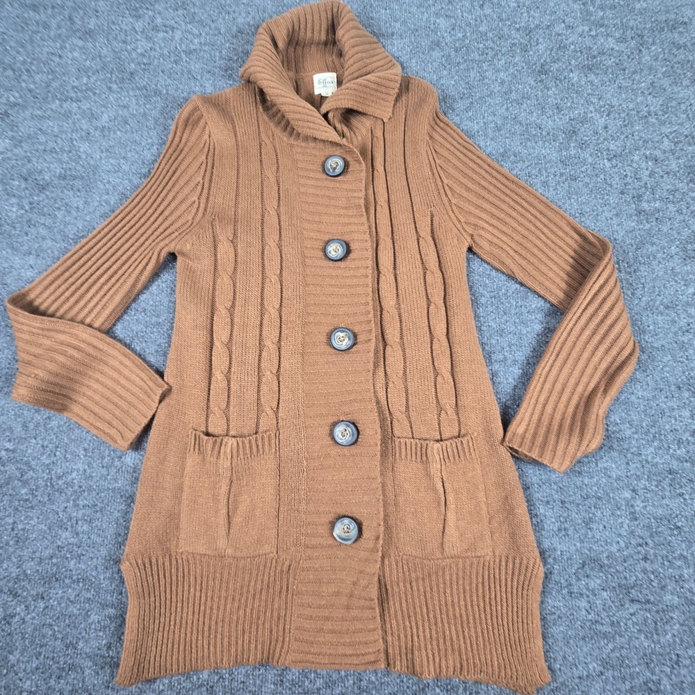 Effeci Cardigan Sweater Womens Medium Brown Excellent Cable Knit Longline Button